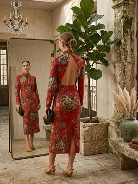 FARM Rio Red Floral Cutout Backless Midi Dress Women’s Small NWT